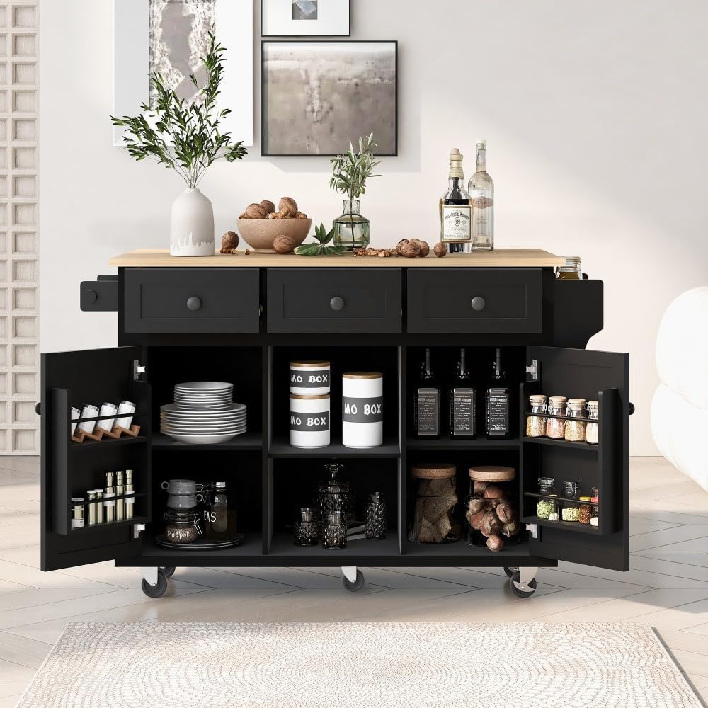 ya 28 10.13 baidi Kitchen Cart w/5 Wheels, 3 Drawers, Cabinet Internal for Dining Room Black