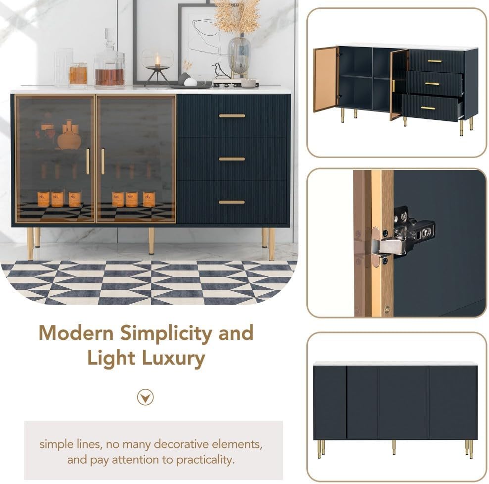 ya 28 10.13 baidi Modern Navy Blue Sideboard MDF Buffet - Amber-Yellow Tempered Glass Doors
