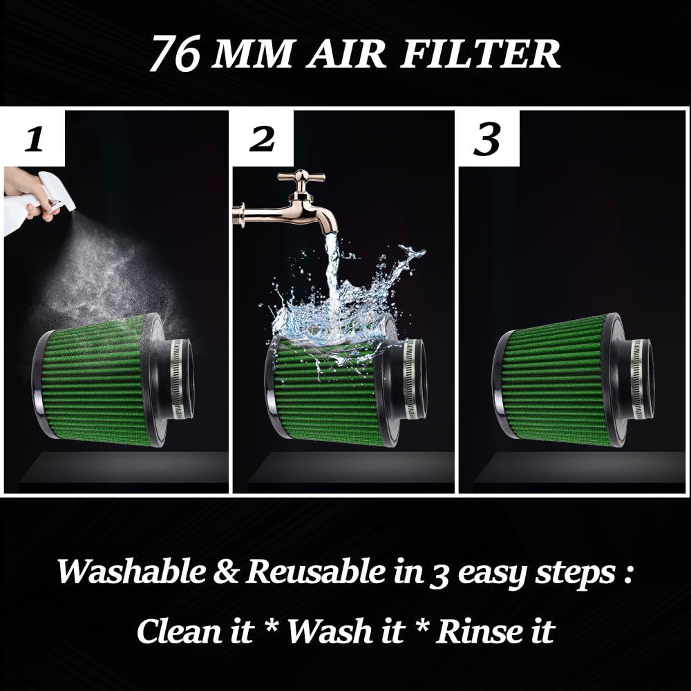 ya 13 9.15 baidi 3 76mm Dry Air Filter Cold Air Intake Cone Replacement High Flow Inlet GREEN