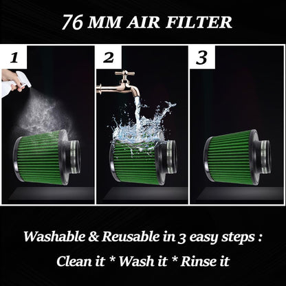 ya 13 9.15 baidi 3 76mm Dry Air Filter Cold Air Intake Cone Replacement High Flow Inlet GREEN