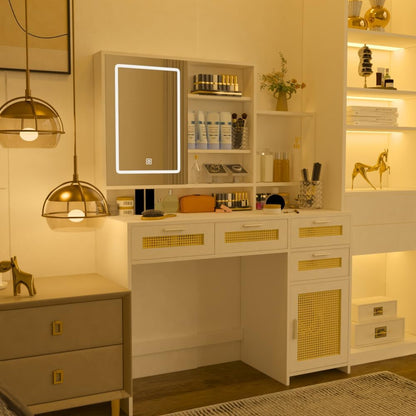 ya 28 10.13 baidi White Makeup Vanity w/3 Color Lights Open Mirror 4 Drawers Cabinet Shelves