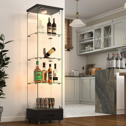 ya 28 10.13 baidi Tempered Glass Black Display Cabinet - 1- , 4 Shelves, Drawer, LED Lights