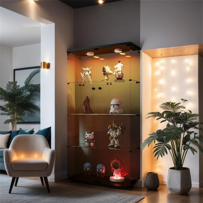 ya 28 10.13 baidi Glass Display Cabinet Lighted Two Glass Cabinet 4 Shelves, Brown
