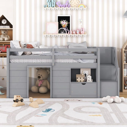 ya 28 10.13 baidi Low Loft Bed Gray Stairs Solid Wood Bed W/Drawer & Shelf