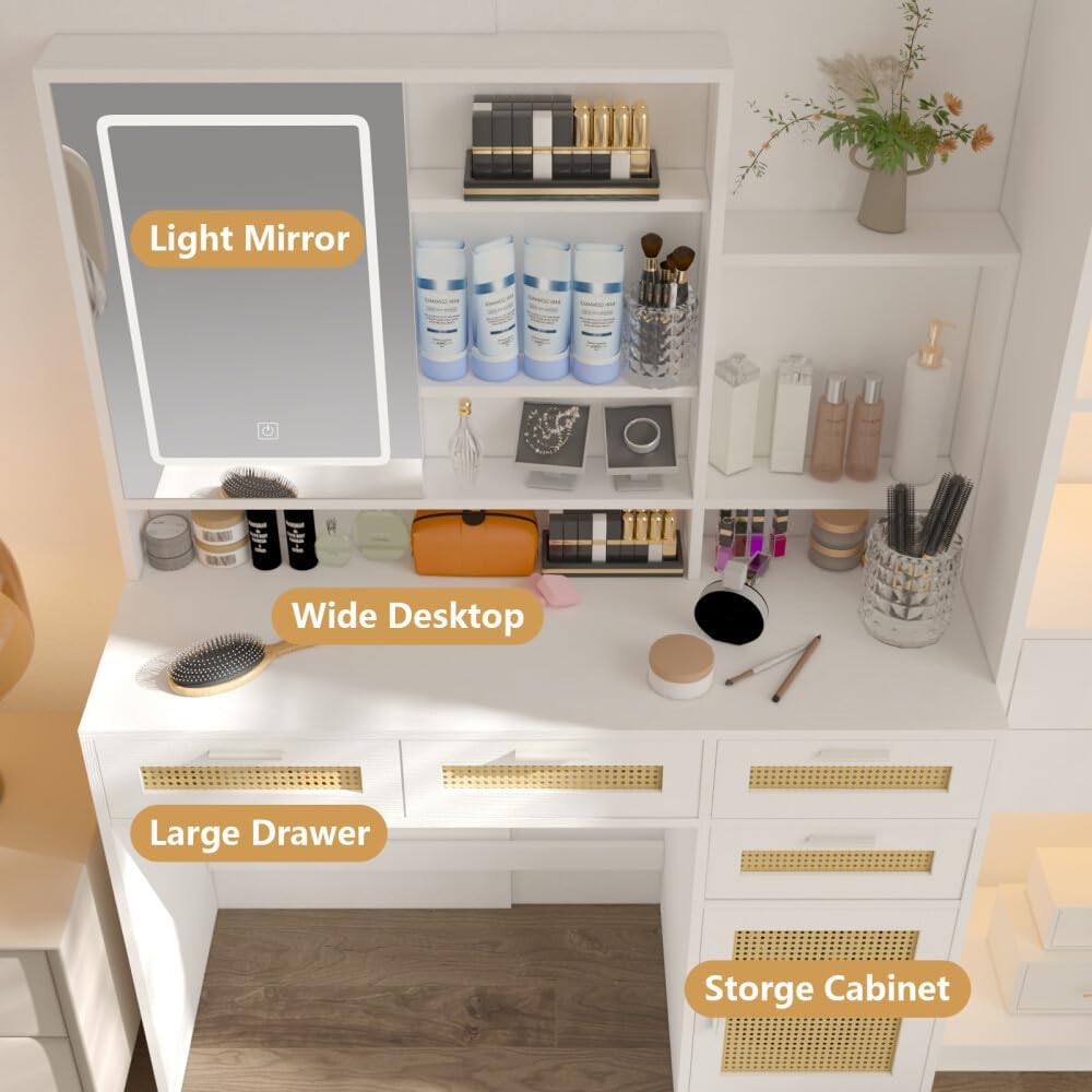 ya 28 10.13 baidi White Makeup Vanity w/3 Color Lights Open Mirror 4 Drawers Cabinet Shelves
