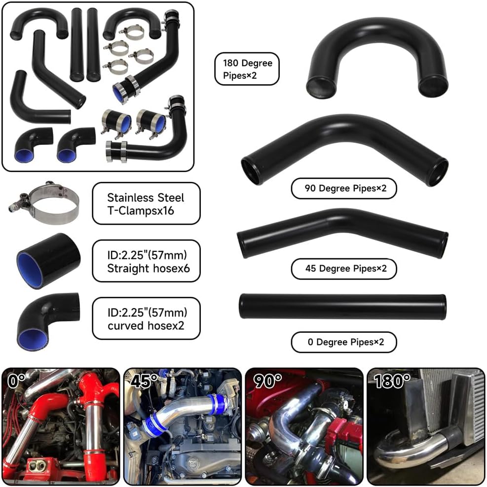 ya 4 8.14 2.25 57mm Universal Turbo Boost Intercooler Air Aluminum Pipe Kit 8PCS Black