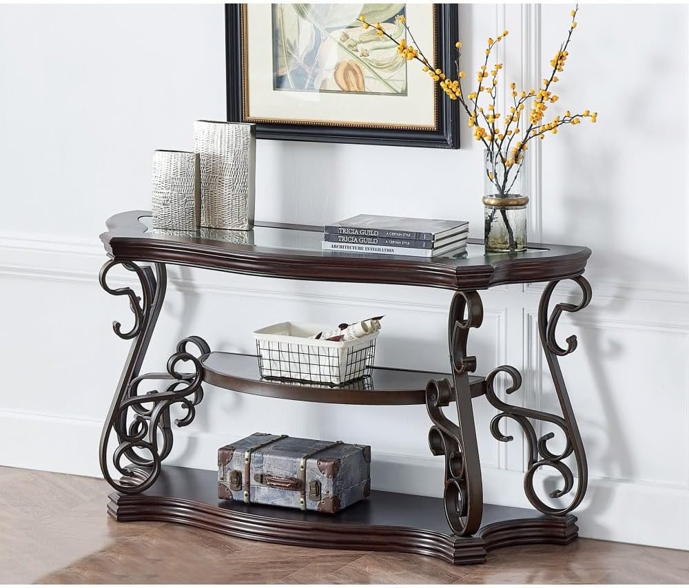 ya 28 10.13 baidi Glass Sofa Table 54Lx20Wx30H, MDF w/Marble Paper Shelf, Metal Legs,Brown