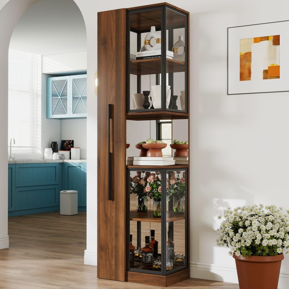 ya 28 10.13 baidi 70 Wooden Walnut Display Cabinet,w/Glass Doors, Lights,Multi-Tier Storage