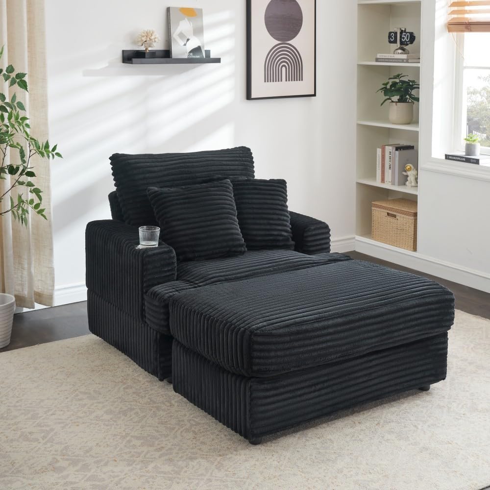 ya 28 10.13 baidi 39 Black Upholstered Armchair & Ottoman Single Sofa Set - Corduroy, Cup