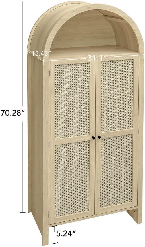 ya 28 10.13 baidi 70.28Tall Arched Kitchen Pantry - Rattan , 2 Adjustable Shelves for Kitche