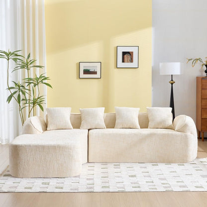 ya 28 10.13 baidi Beige Chenille L-Shaped Sofa w/ -Elastic Sponge, Curved Arms&4 Throw Pillow
