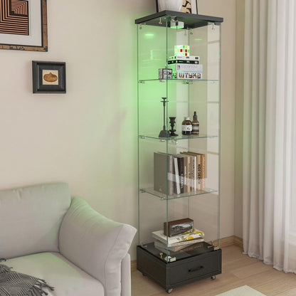 ya 28 10.13 baidi Tempered Glass Black Display Cabinet - 1- , 4 Shelves, Drawer, LED Lights