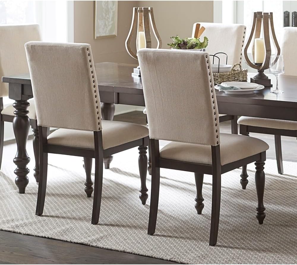 ya 28 10.13 baidi Brown Finish Table 7pc Dining Set w Leaf Beige 6X Side Chairs