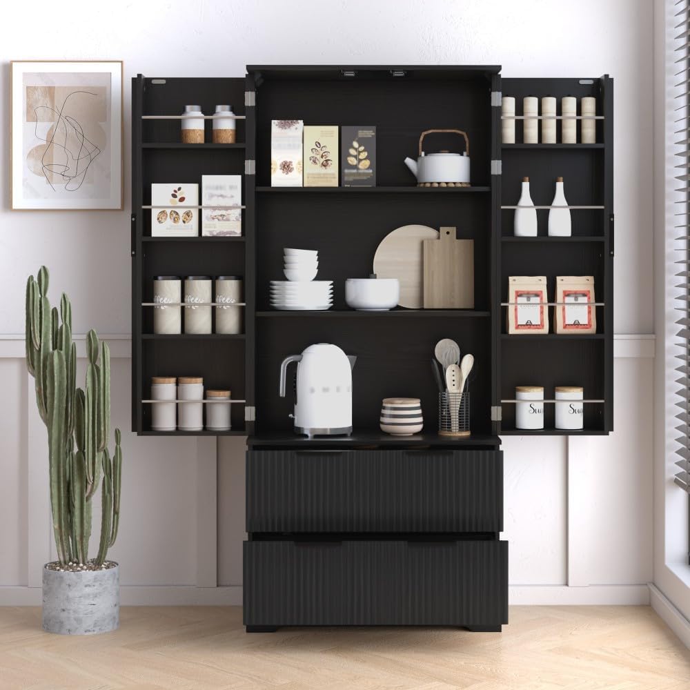 ya 28 10.13 baidi Black 72 Fluted Kitchen Pantry Modern - 2 Large Drawers, 8- Spice