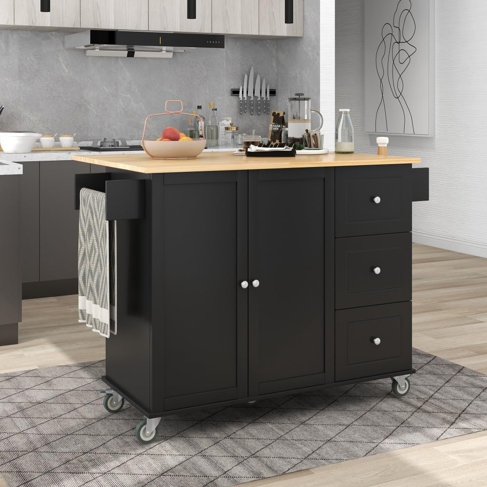 ya 28 10.13 baidi Black 52.7 Rolling Kitchen Island ¨C Solid Wood , Locking Wheels, Leaf