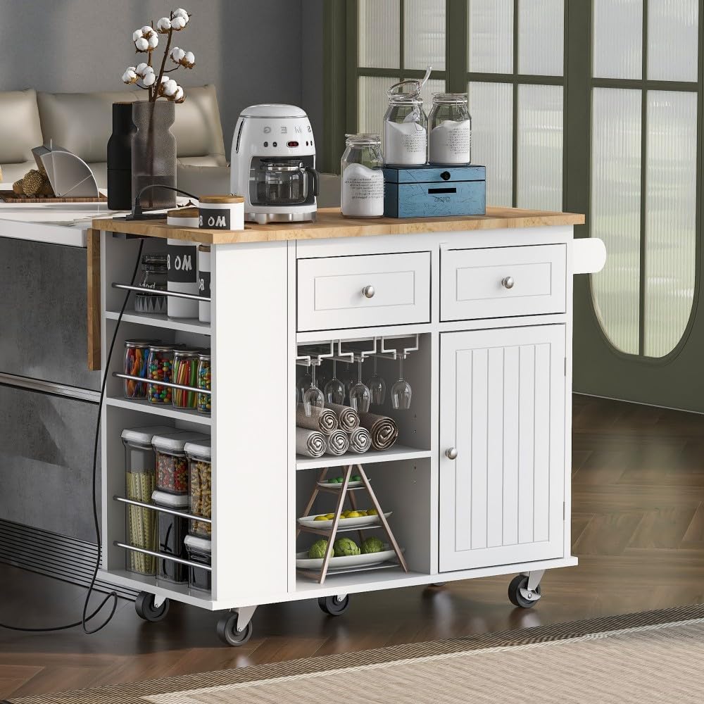 ya 28 10.13 baidi Kitchen Island White ¨C Rubber Wood, Open Storage+Wine , Adjustable Storage