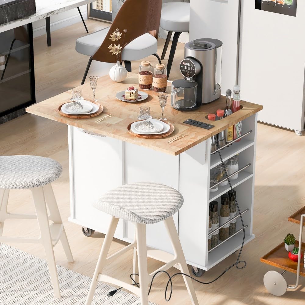 ya 28 10.13 baidi Kitchen Island White ¨C Rubber Wood, Open Storage+Wine , Adjustable Storage