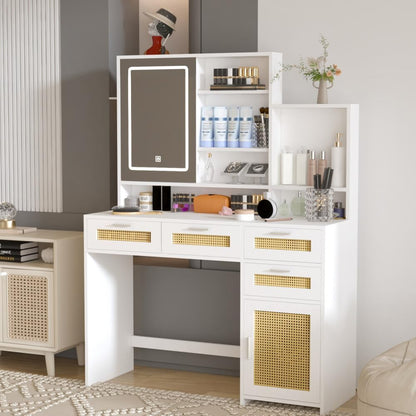 ya 28 10.13 baidi White Makeup Vanity w/3 Color Lights Open Mirror 4 Drawers Cabinet Shelves