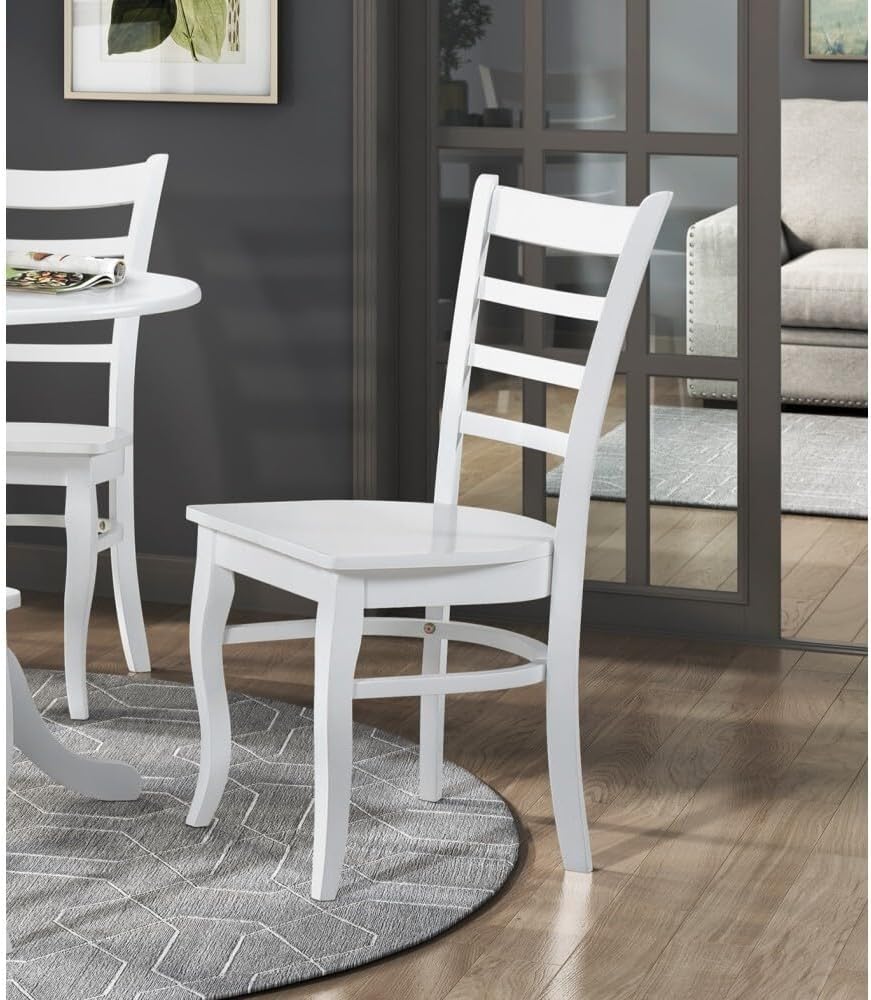 ya 28 10.13 baidi Farmhouse Dining Set 5pc,White Finish, Round Table w/4 Wooden Ladder-Back C