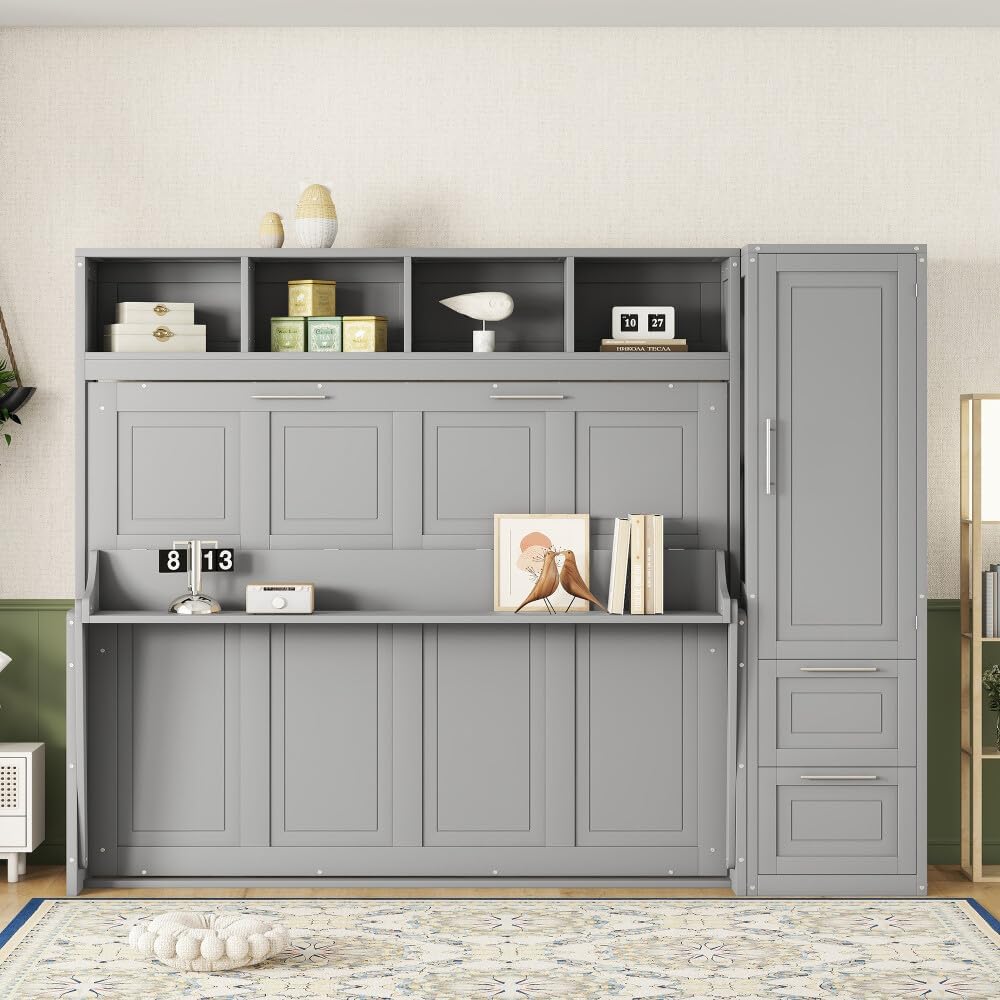 ya 28 10.13 baidi Gray Queen Size Murphy Bed Bed Closet Drawers
