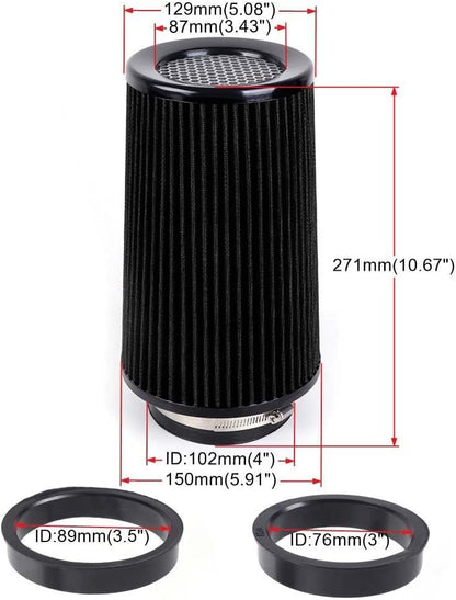 ya 13 9.15 baidi 3 3.5 4 Cold Air Intake Filter Inlet 3 Sizes in 1 10.5 Tall Universal Black