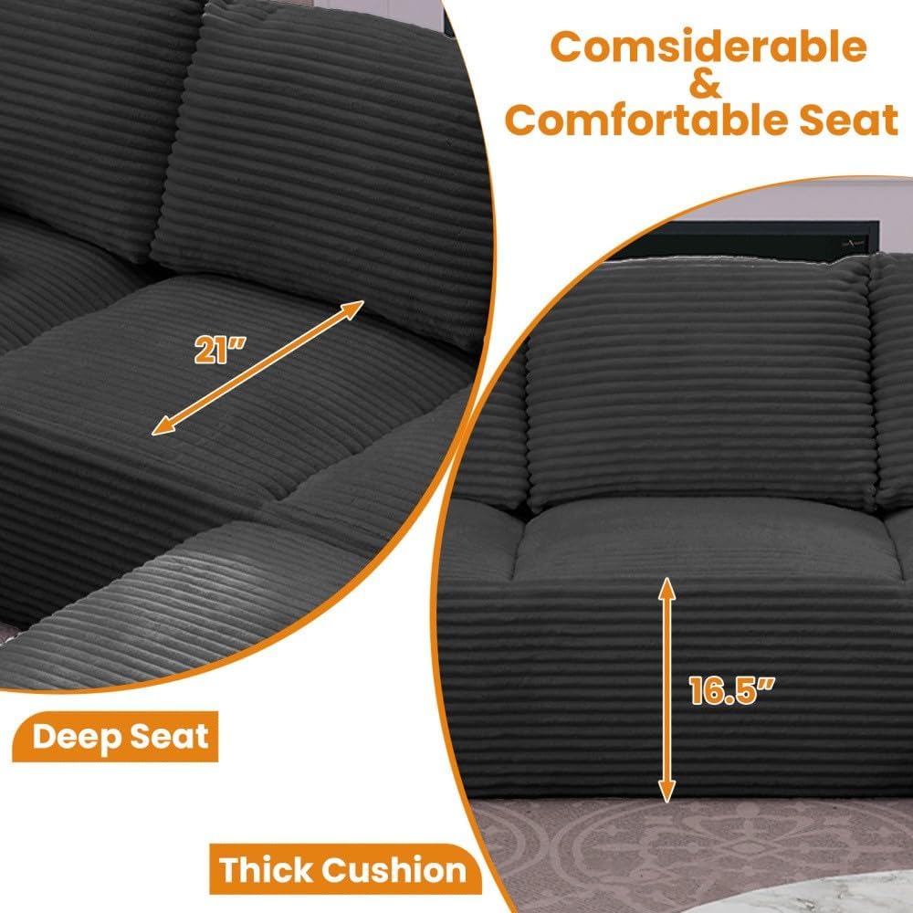ya 28 10.13 baidi Plush Corduroy 103.5 Cloud Sectional Black - L-Shape Chaise,No Assembly