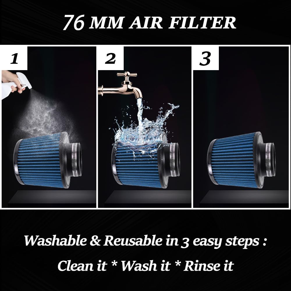 ya 13 9.15 baidi 3 76mm Dry Air Filter Cold Air Intake Cone Replacement High Flow Inlet BLUE