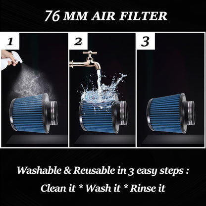ya 13 9.15 baidi 3 76mm Dry Air Filter Cold Air Intake Cone Replacement High Flow Inlet BLUE