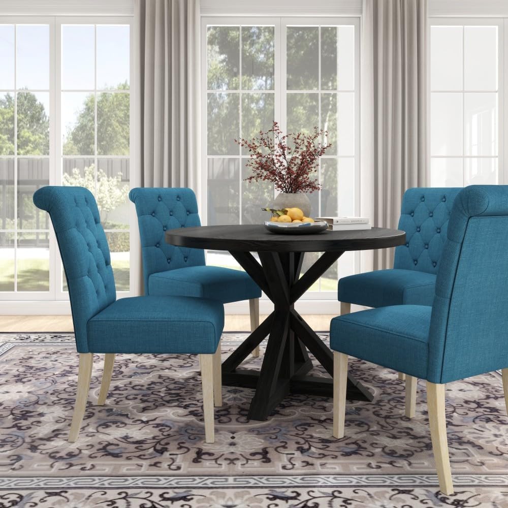 ya 28 10.13 baidi Banff 5-piece Dining Set Blue, Cross-Buck Round Table 4 Tufted Chairs