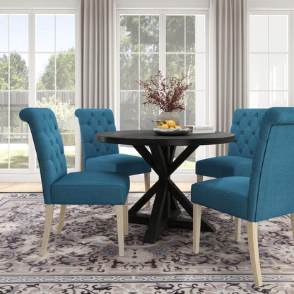 ya 28 10.13 baidi Banff 5-piece Dining Set Blue, Cross-Buck Round Table 4 Tufted Chairs