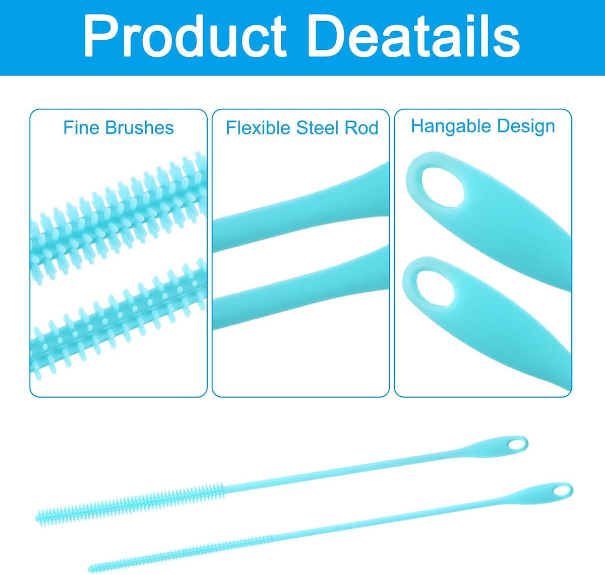 ya 26 10.21 baidi 2 Pcs Silicone Straw Brush 9.4 Inch Bottle Straw Brushes Blue (6mm+8mm)