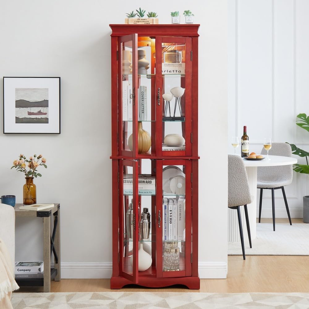ya 28 10.13 baidi For Living Room Cherry Lighted Glass Curio Cabinet ¨C Wood Frame, Bulb Inclu