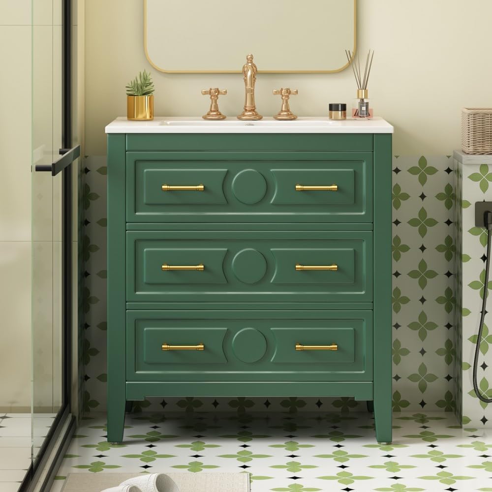 ya 28 10.13 baidi 30'' Bathroom Vanity w/Ceramic Sink - 3 Drawers,Solid Wood Storage Cabinet