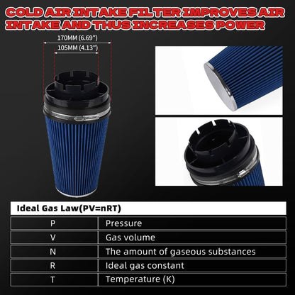 ya 13 9.15 baidi 4'' 102mm Long High Flow Inlet Cone Dry Filter Cold Air Intake Replacement BLUE
