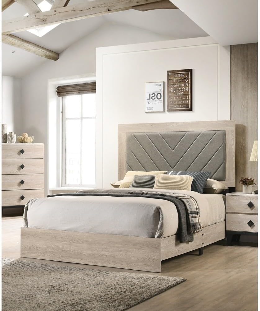 ya 28 10.13 baidi California King Bed, Gray V-Design Headboard, Cream Finish, Rubberwood Bedf