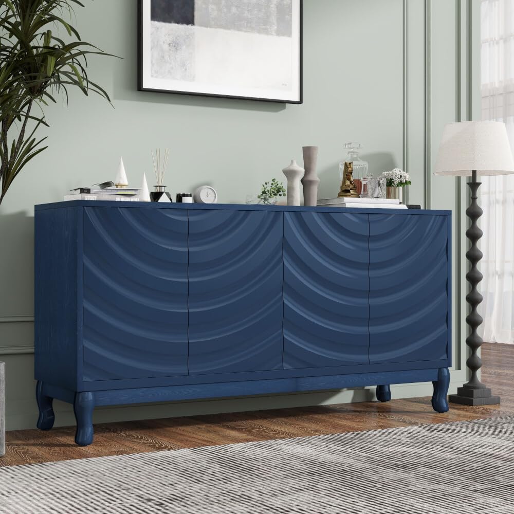 ya 28 10.13 baidi Elegant Sideboard Cabinet 4- Wavy Doors Arched Groove Navy Adjustable Blue