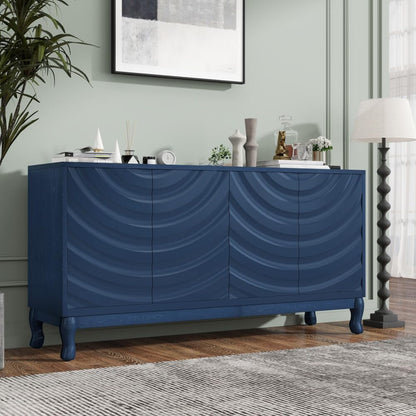 ya 28 10.13 baidi Elegant Sideboard Cabinet 4- Wavy Doors Arched Groove Navy Adjustable Blue
