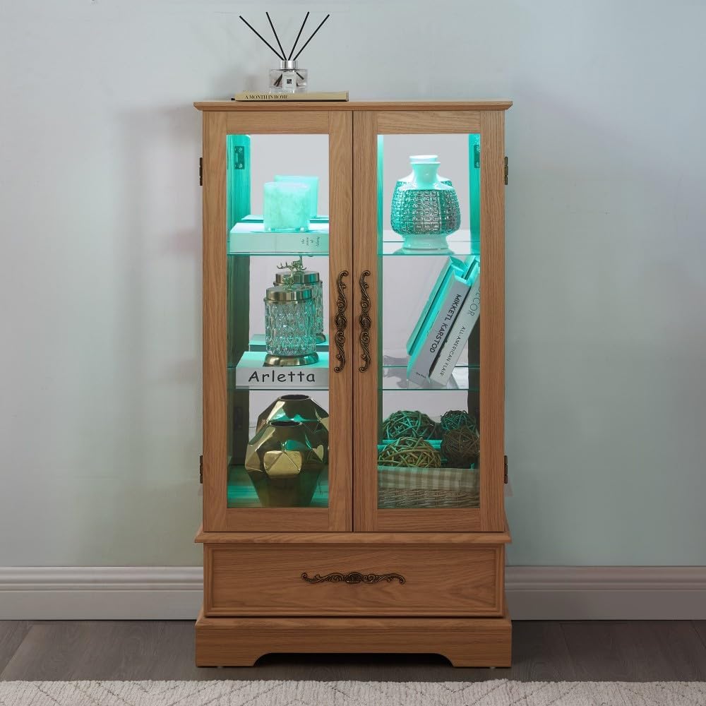 ya 28 10.13 baidi Light Oak Lighted Glass Curio Cabinet - 2 Doors, 1 Drawer, Adjustable Shelv