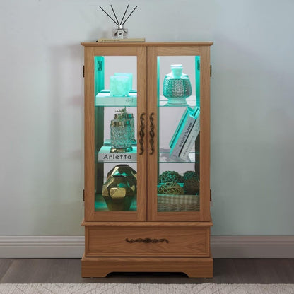 ya 28 10.13 baidi Light Oak Lighted Glass Curio Cabinet - 2 Doors, 1 Drawer, Adjustable Shelv
