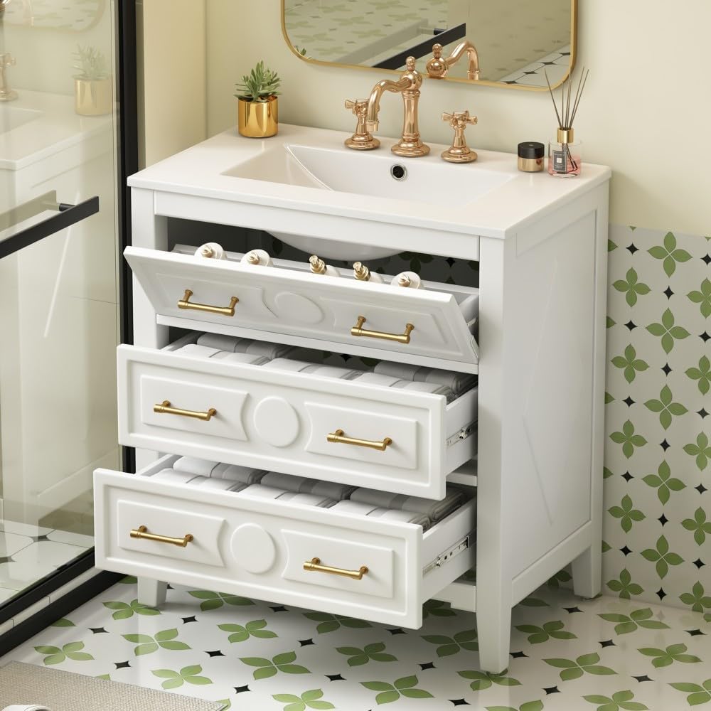 ya 28 10.13 baidi 30'' Bathroom Vanity w/Ceramic Sink Combo 3 Drawers, Solid Wood Storage, Wh