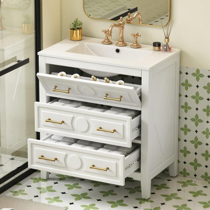 ya 28 10.13 baidi 30'' Bathroom Vanity w/Ceramic Sink Combo 3 Drawers, Solid Wood Storage, Wh