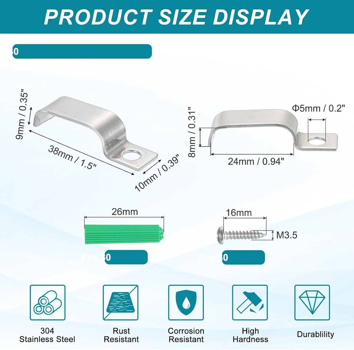 ya 26 10.21 baidi 30Pack Stainless Steel Pipe Strap Fit for 8x24mm Light Strip Cable Strap Clamp