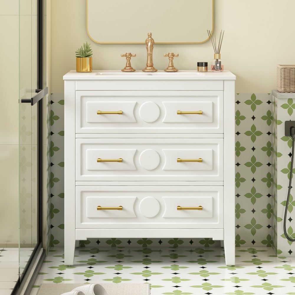 ya 28 10.13 baidi 30'' Bathroom Vanity w/Ceramic Sink Combo 3 Drawers, Solid Wood Storage, Wh