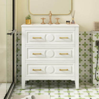 ya 28 10.13 baidi 30'' Bathroom Vanity w/Ceramic Sink Combo 3 Drawers, Solid Wood Storage, Wh