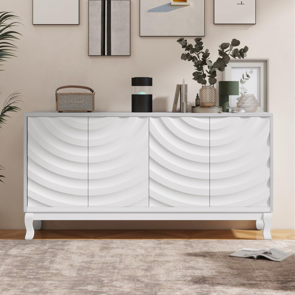 ya 28 10.13 baidi Elegant Sideboard Cabinet 4- Wavy Doors Arched Groove Adjustable White