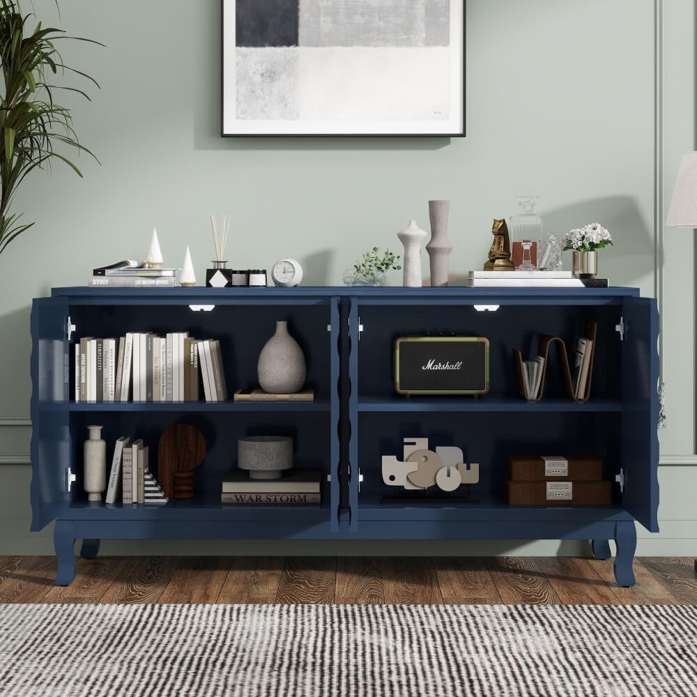 ya 28 10.13 baidi Elegant Sideboard Cabinet 4- Wavy Doors Arched Groove Navy Adjustable Blue