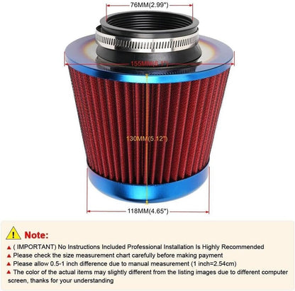 ya 13 9.15 baidi Red 3 76mm Inlet Cold Air Intake Cone Replacement Quality Dry Air Filter