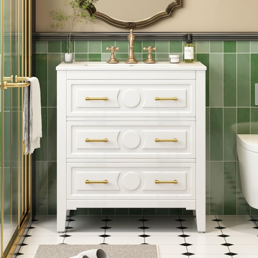 ya 28 10.13 baidi 30'' Bathroom Vanity w/Ceramic Sink Combo 3 Drawers, Solid Wood Storage, Wh