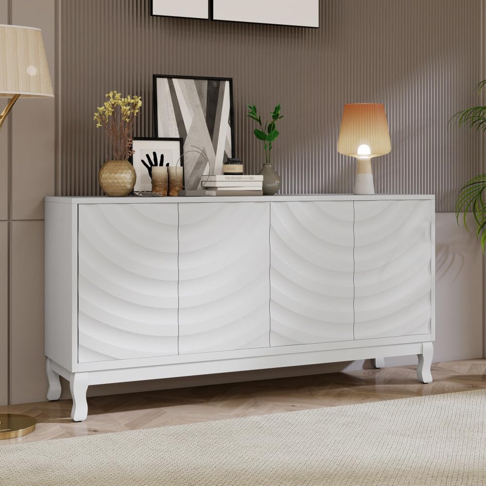 ya 28 10.13 baidi Elegant Sideboard Cabinet 4- Wavy Doors Arched Groove Adjustable White