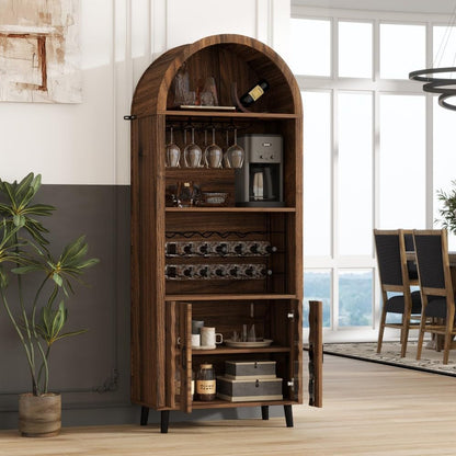 ya 28 10.13 baidi 71 Farmhouse Arched Bar Cabinet Brown- Wine +Glass Holder for Living Room
